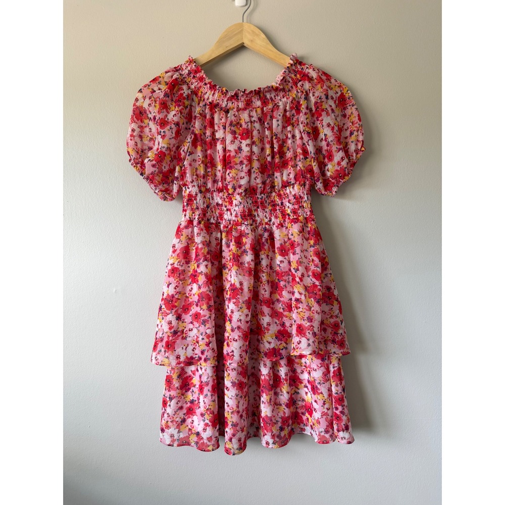 Laundry by Shelli Segal Floral Mini Dress Pink Tiered Smocked Puff Sleeve Size 6